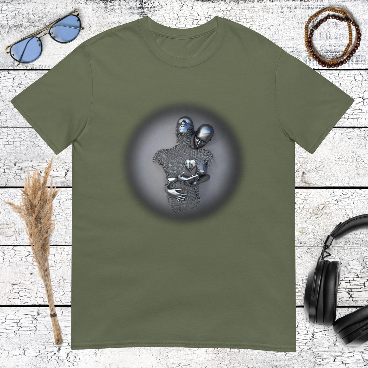 Silver metallic abstract embrace design printed on a forest green t-shirt