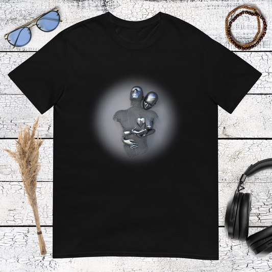 Product mockuMetallic silver abstract embrace artwork printed on a black t-shirtp