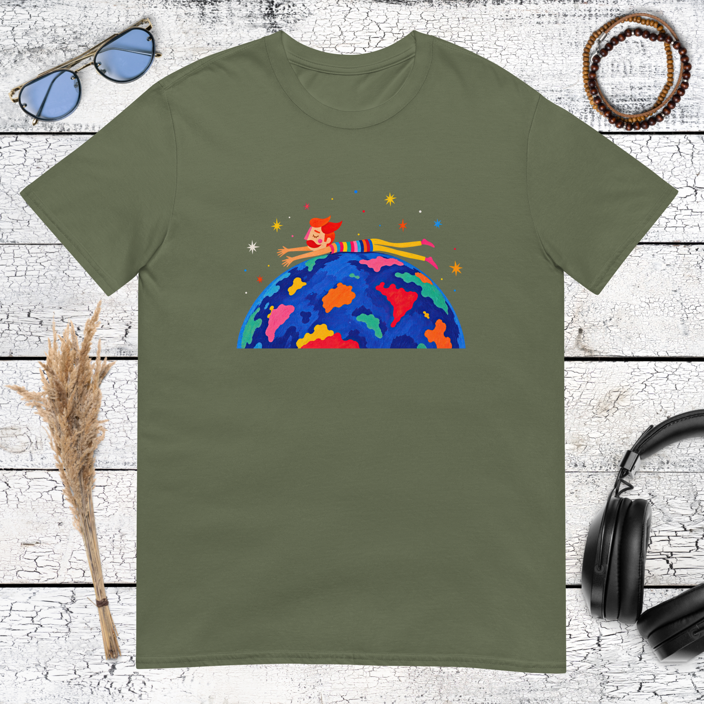 Colourful Earth and space traveller illustration on a military green t-shirt