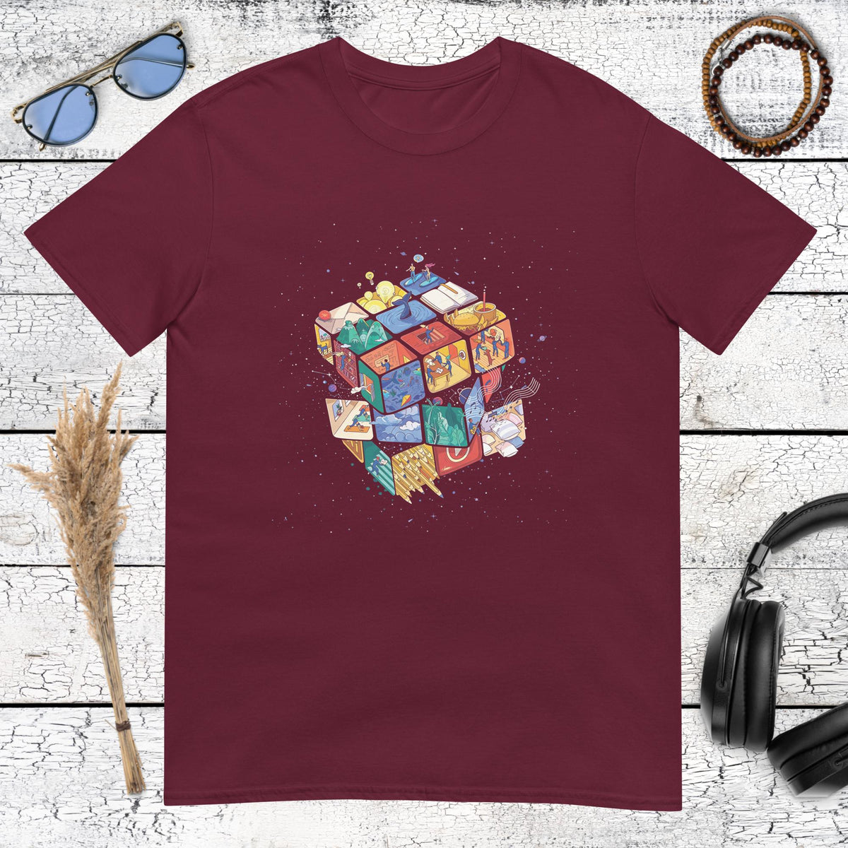 Exploding Rubik's cube showing a galaxy inside printed on a maroon t-shirt