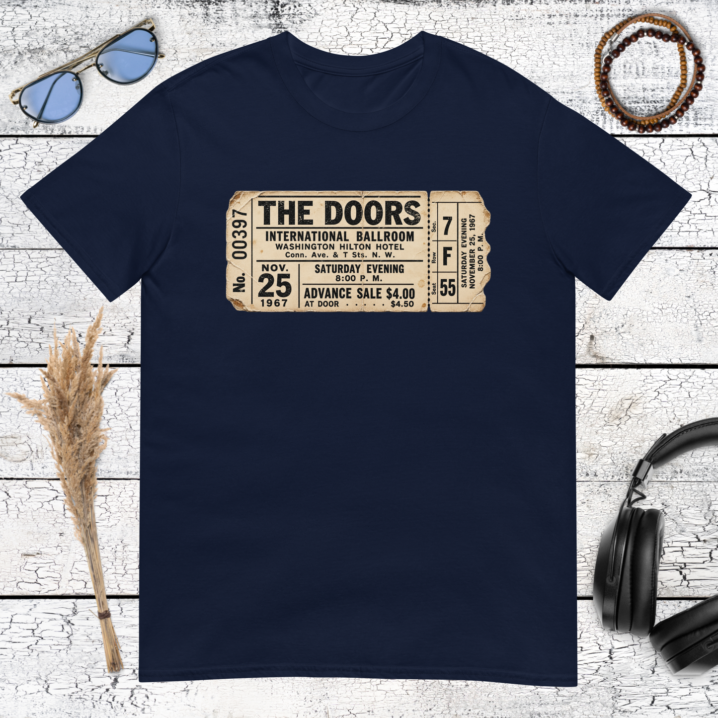The Doors 1967 retro concert ticket artwork printed on a navy blue t-shirt