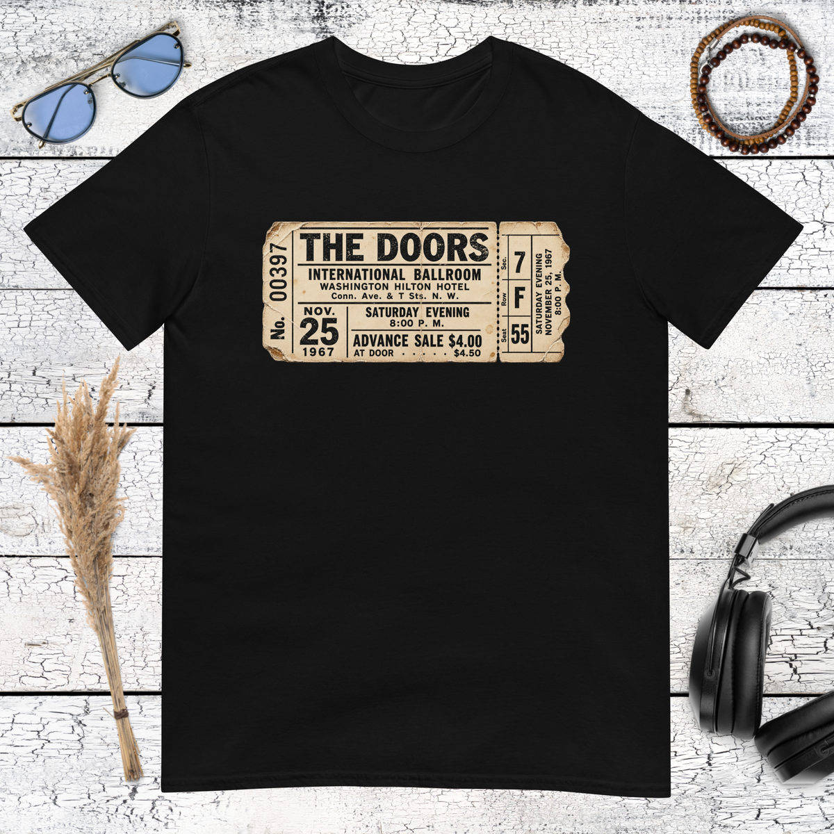 The Doors 1967 vintage concert ticket graphic printed on a black t-shirt