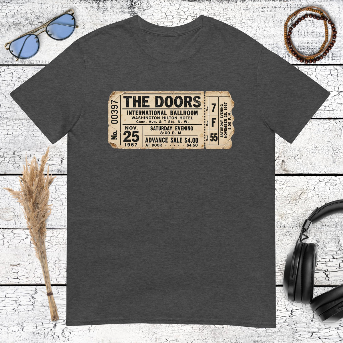 The Doors concert ticket artwork printed on a dark heather grey t-shirt