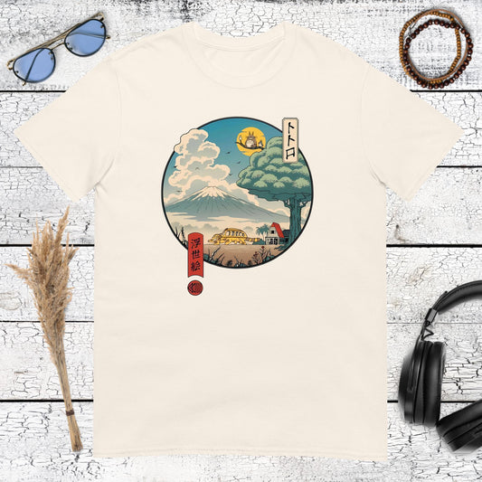 Artistic circular Japanese landscape featuring Totoro under a tree on a natural cotton t-shirt