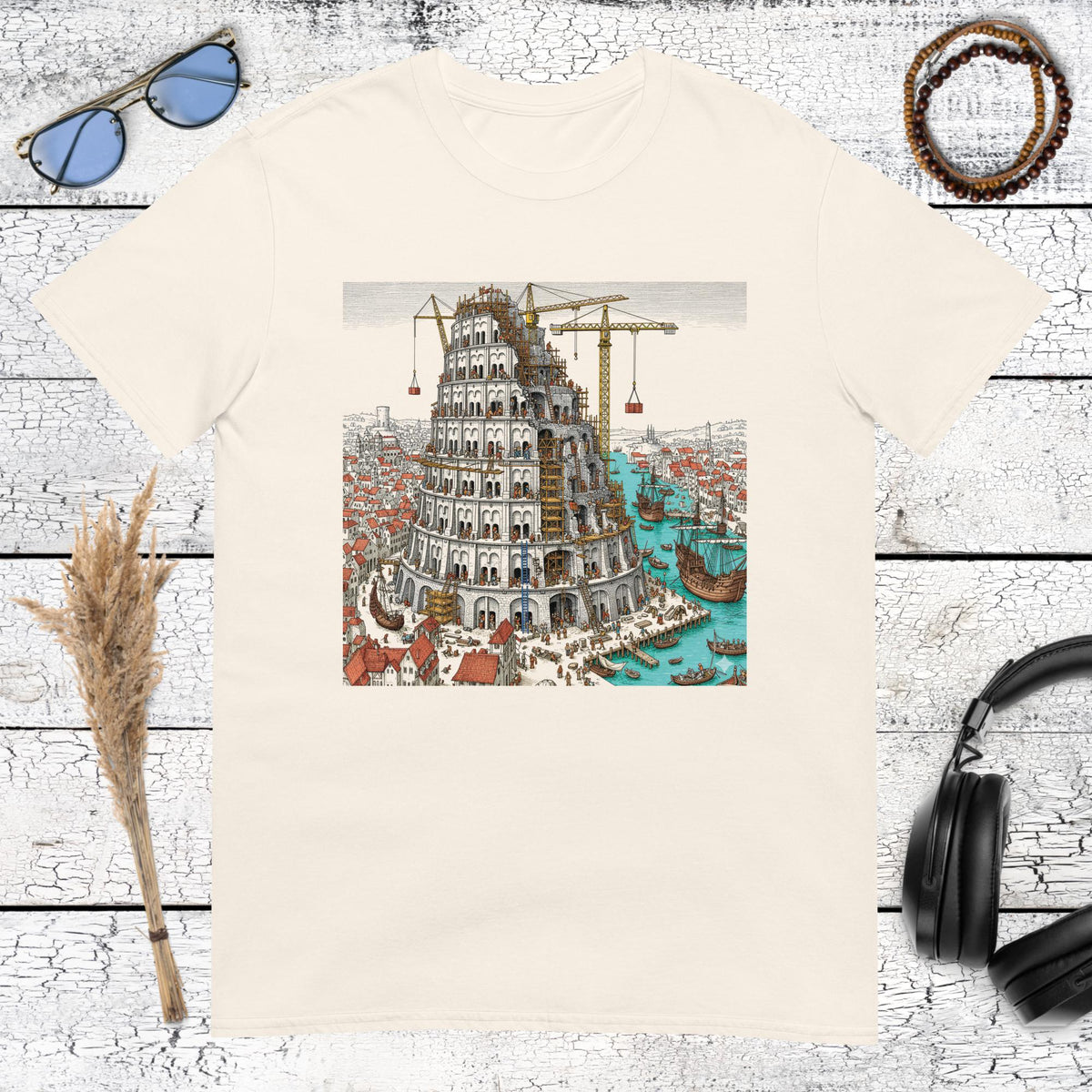 Pieter Bruegel's famous Tower of Babel painting printed on a natural cotton t-shirt