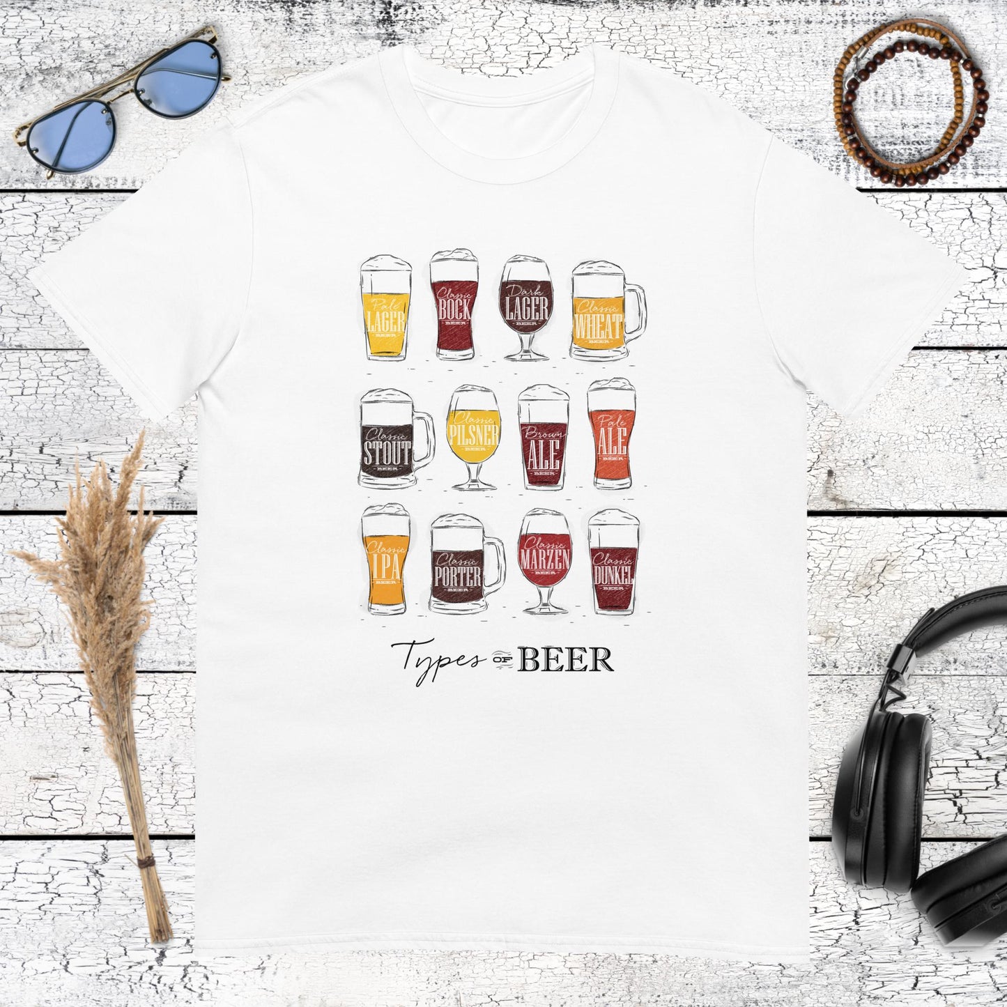 Colorful beer guide poster art featuring lager, stout and ale on a white t-shirt