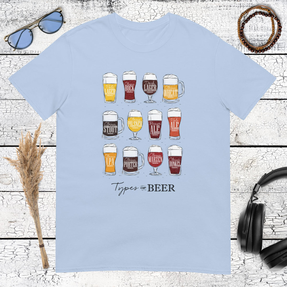 Colorful beer chart art showing various brewing styles on a light blue t-shirt
