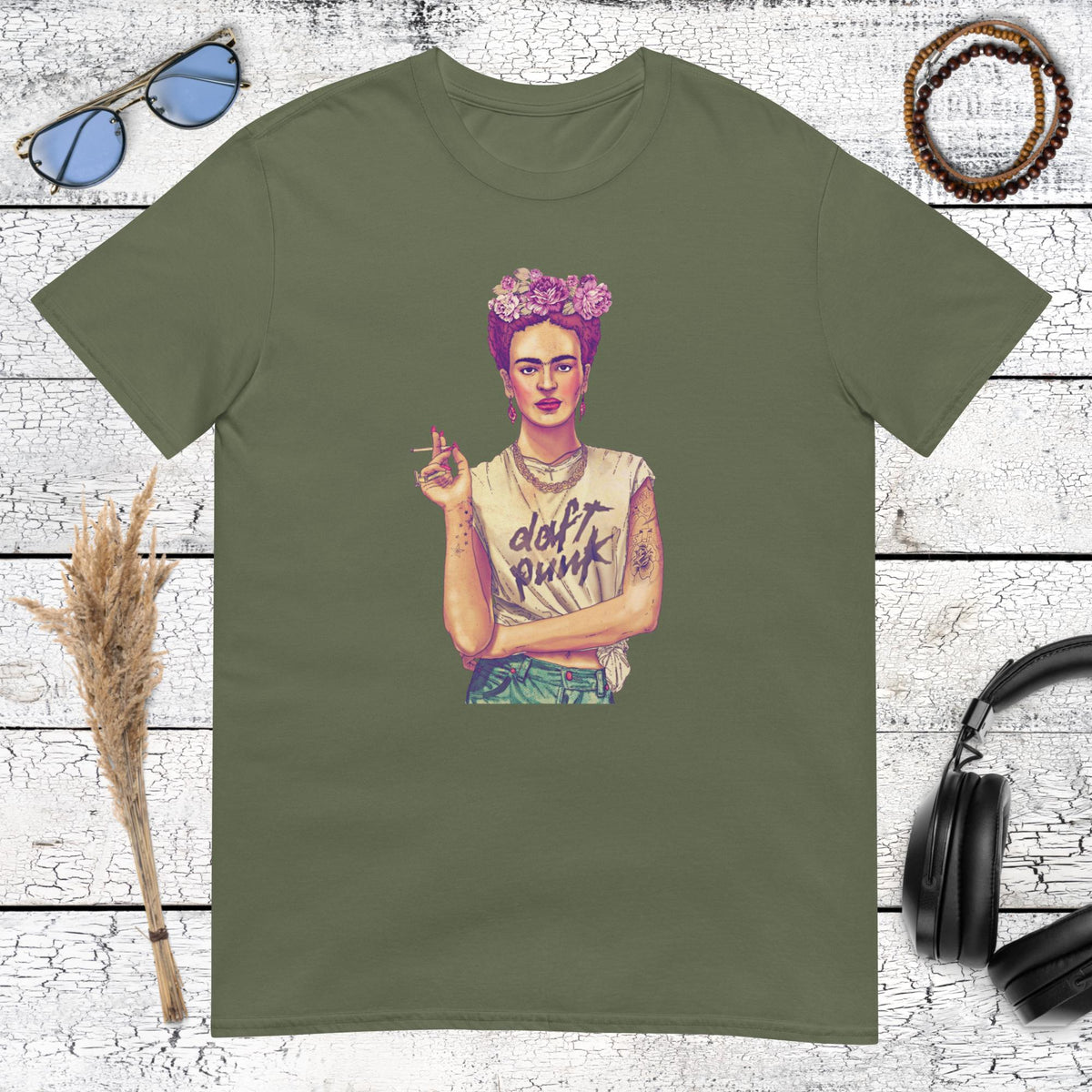 Modernized Frida Kahlo portrait with music culture references on a military green t-shirt