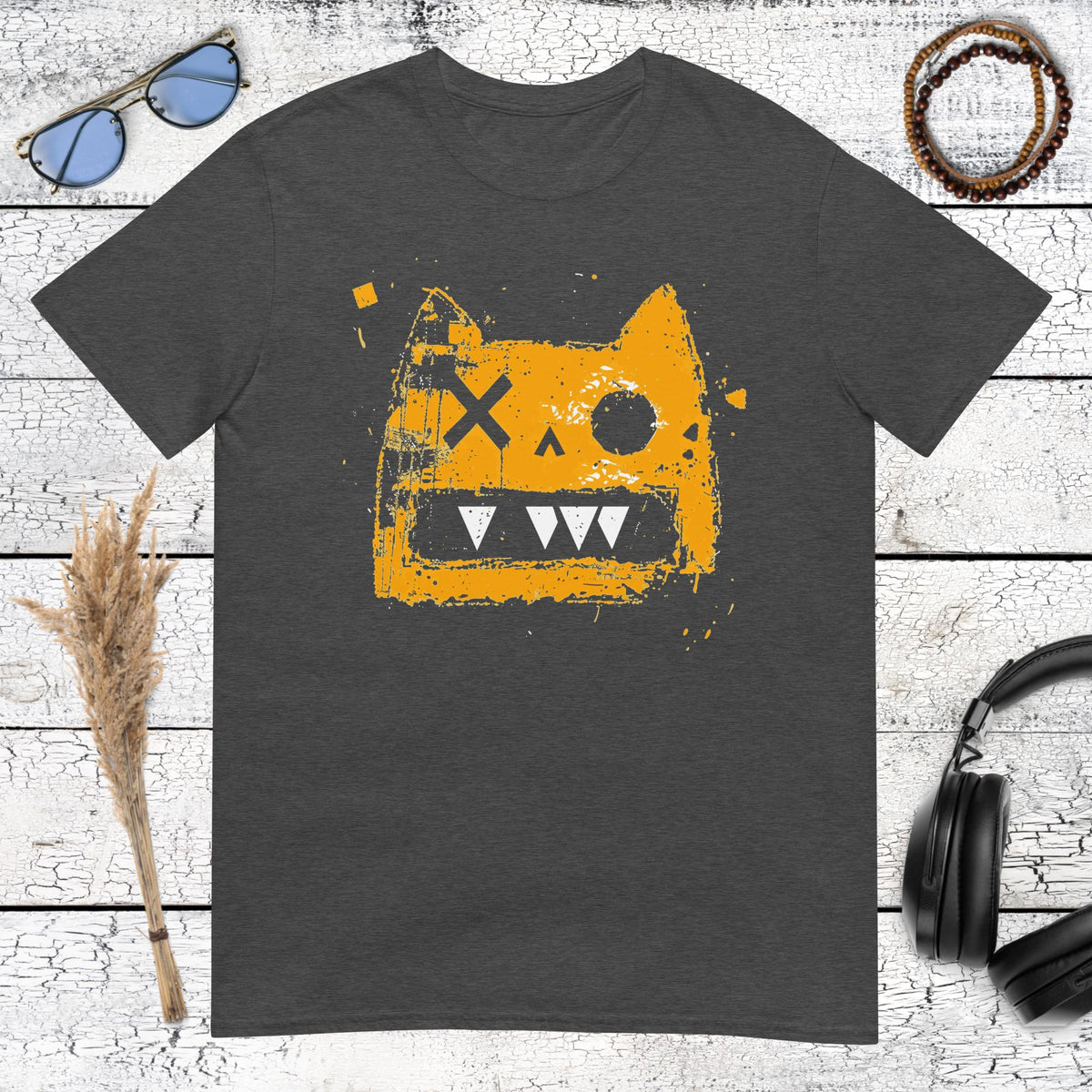 Basquiat inspired yellow cat graffiti illustration on a dark heather grey t-shirt