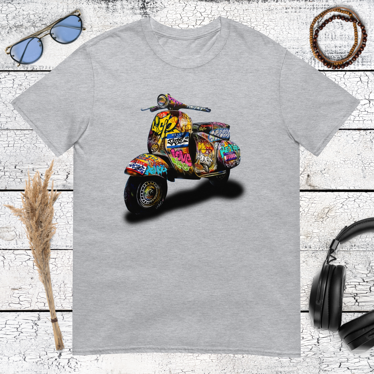 Graffiti-style Vespa scooter graphic printed on a sport grey t-shirt