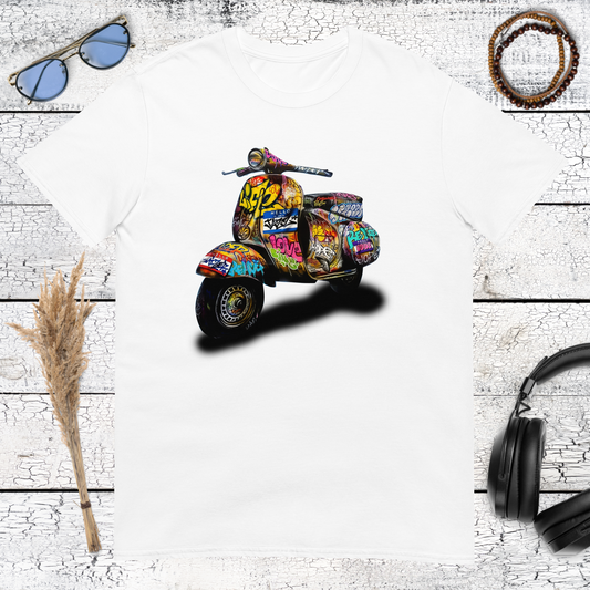 Colourful graffiti Vespa scooter graphic printed on a white t-shirt
