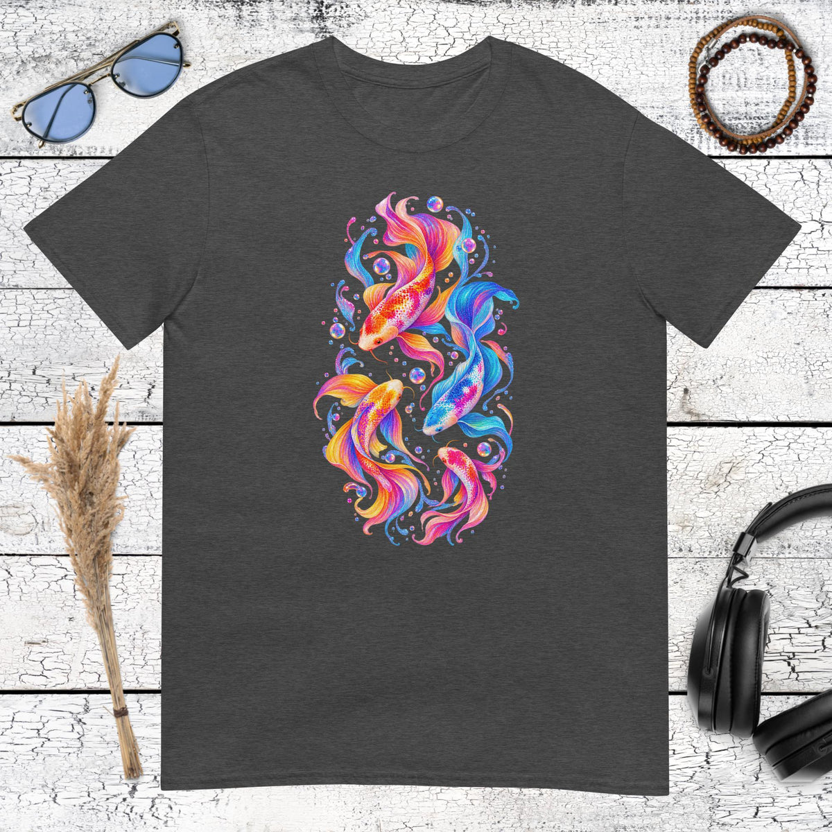 Colourful koi fish illustration printed on a dark heather grey t-shirt