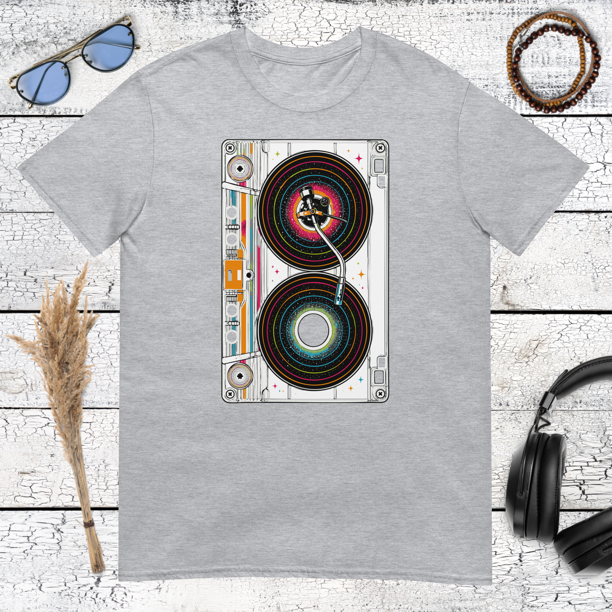 Retro stereo speaker illustration printed on a sport grey t-shirt