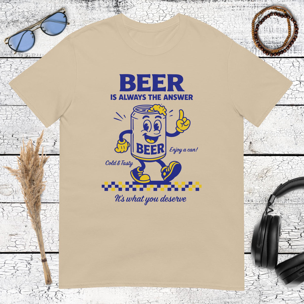 90s style cartoon beer can illustration on sand beige cotton t-shirt