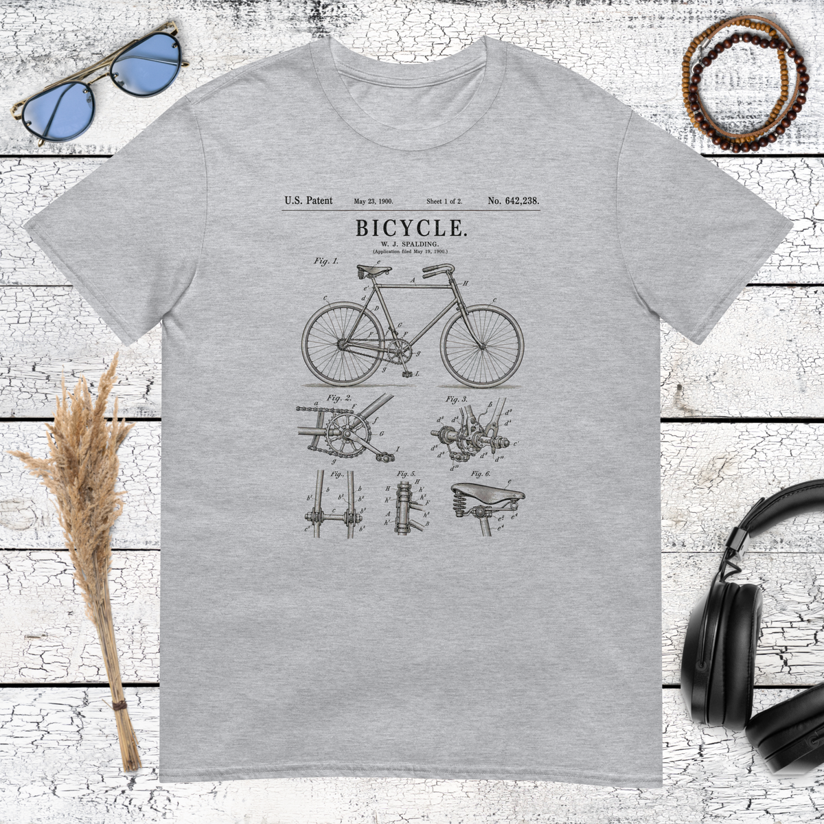 Vintage bicycle illustration with retro technical details printed on a sport grey t-shirt