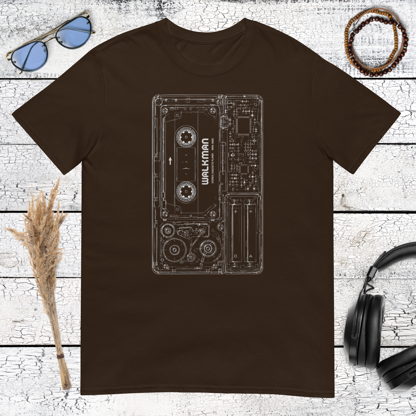 Retro Walkman-style cassette player graphic on a dark chocolate t-shirt