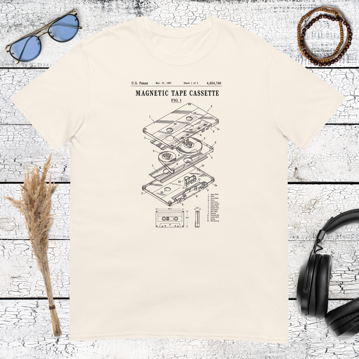 Minimal retro cassette tape illustration printed on a natural cotton t-shirt