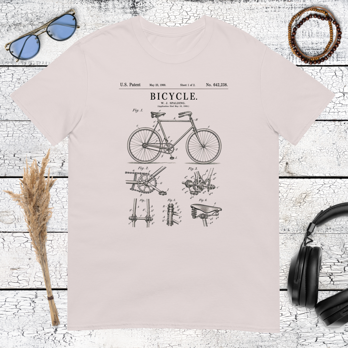 Retro bicycle artwork with technical details printed on an ice grey t-shirt