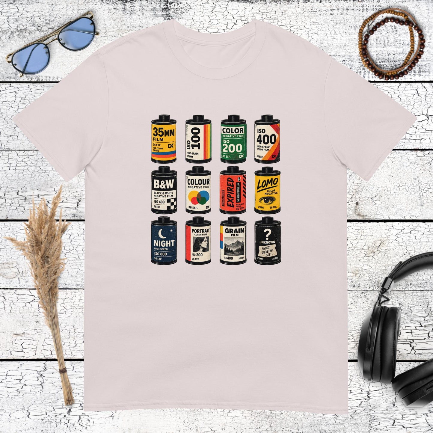 Colourful film roll and photography graphic printed on an ice grey t-shirt