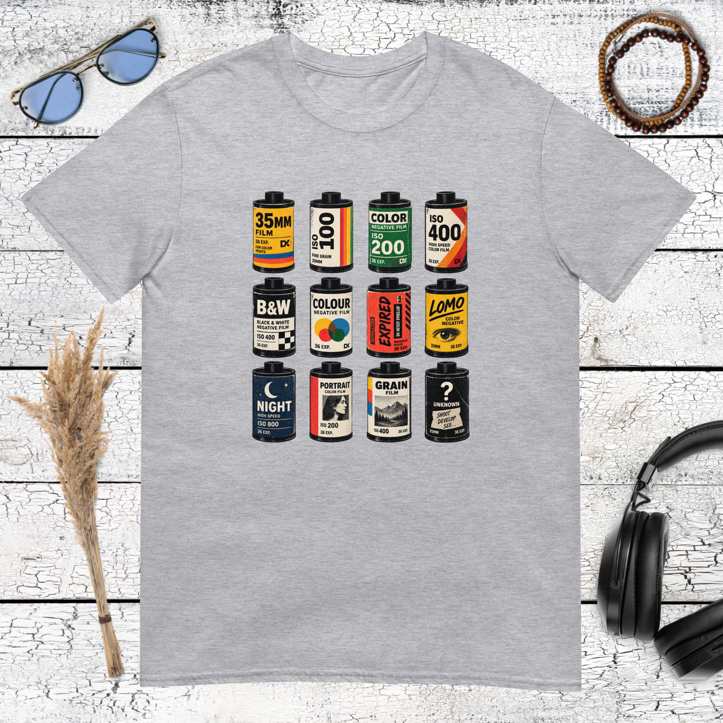 Retro film roll graphic with colourful canisters printed on a sport grey t-shirt