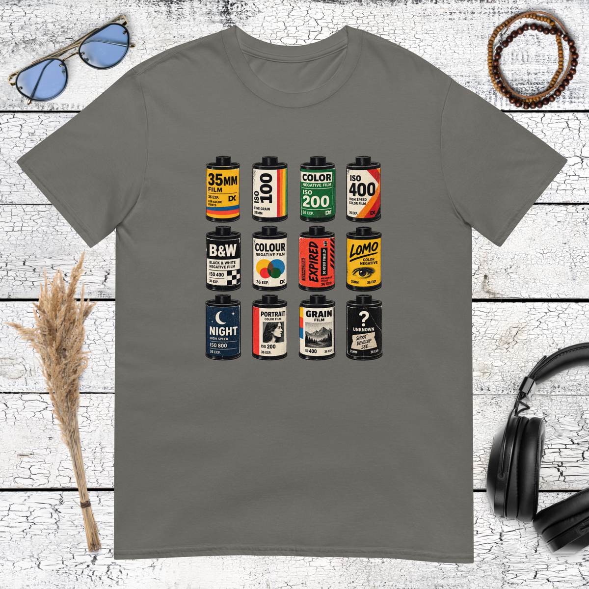 Colourful vintage film roll graphic printed on a charcoal t-shirt