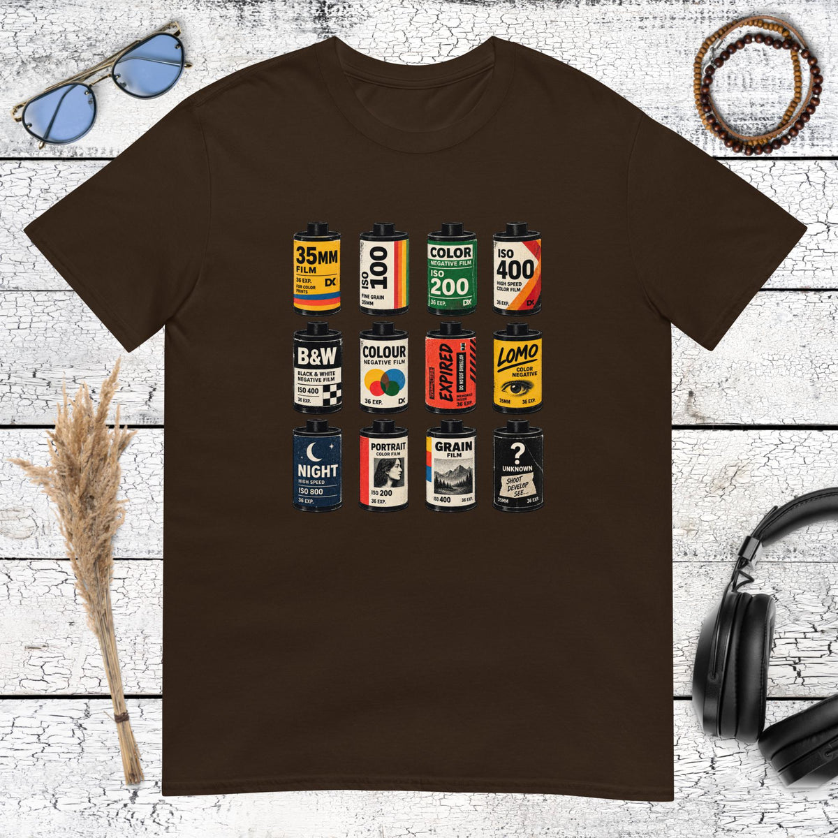 Retro analogue film canister graphic printed on a dark chocolate t-shirt