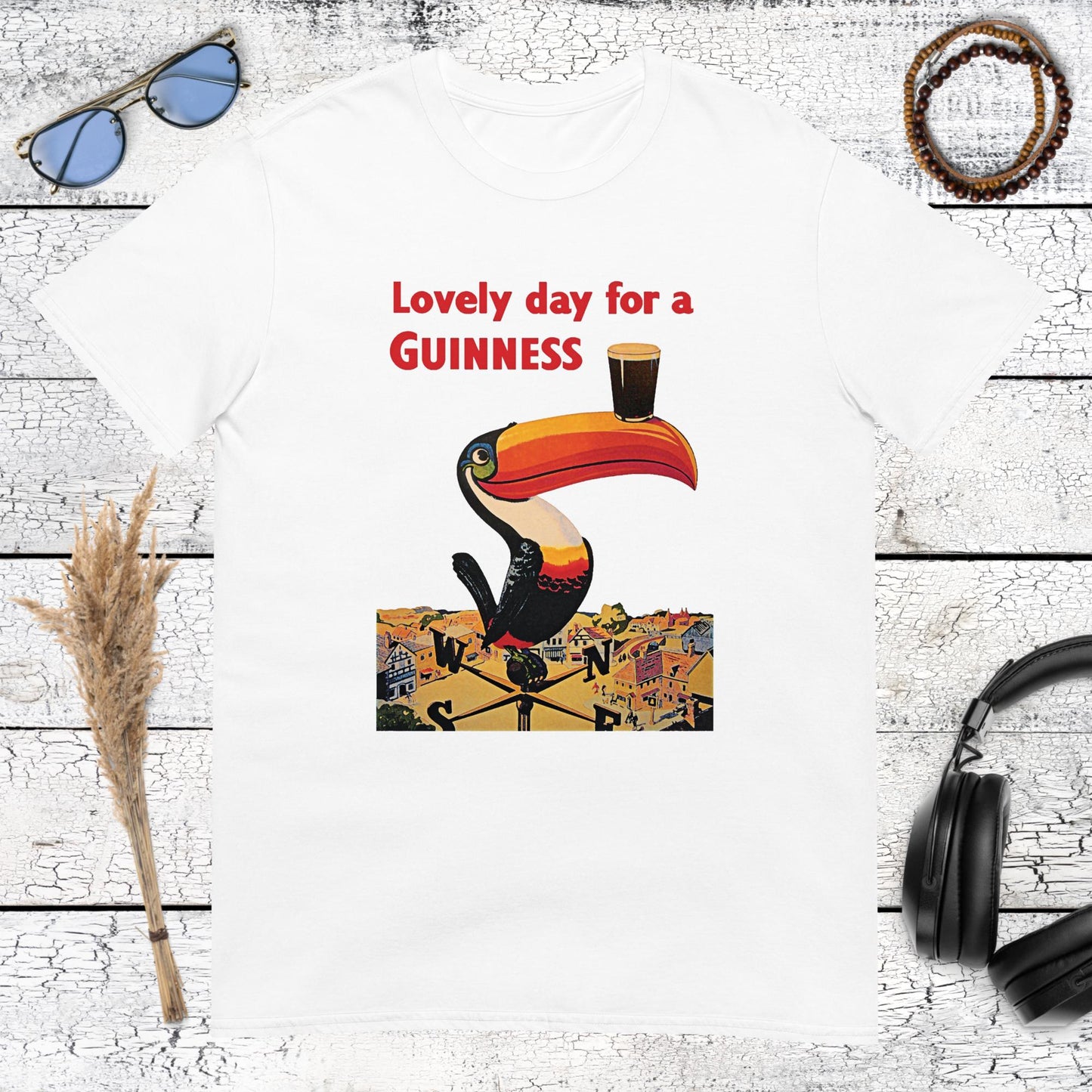 Iconic Guinness Toucan with a pint of Guinness stout on its beak printed on a white t-shirt