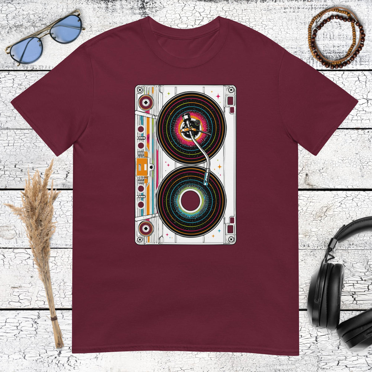 Retro stereo speaker artwork printed on a maroon t-shirt