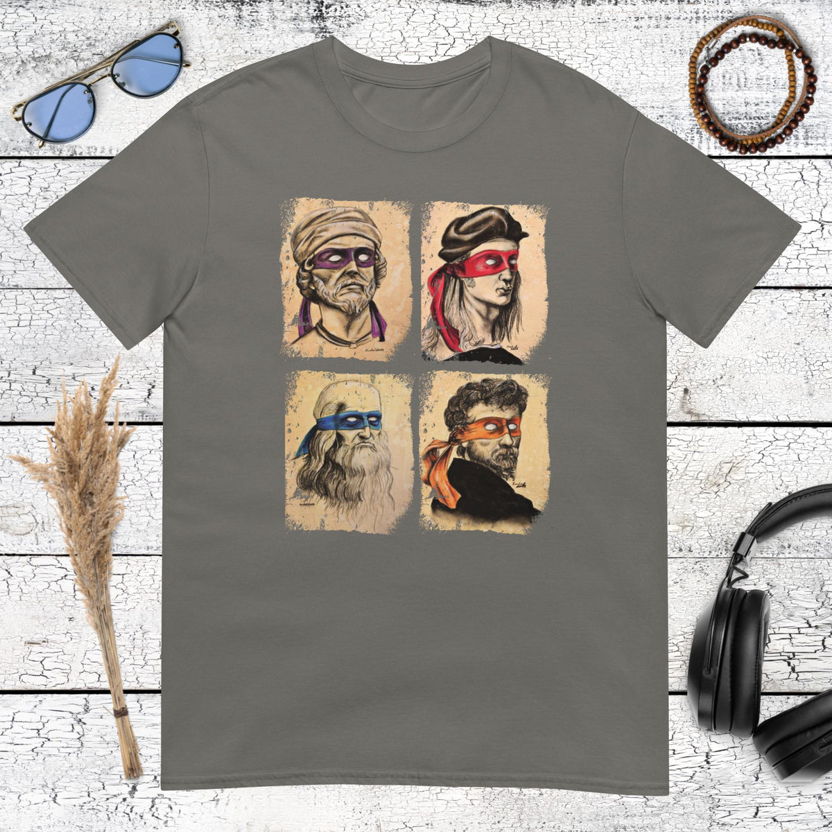Humorous old masters style artwork with masked Renaissance portraits on a charcoal t-shirt