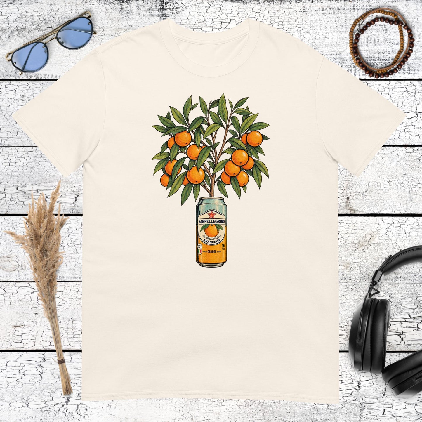 Decorative orange tree illustration with citrus fruit printed on a natural cotton t-shirt