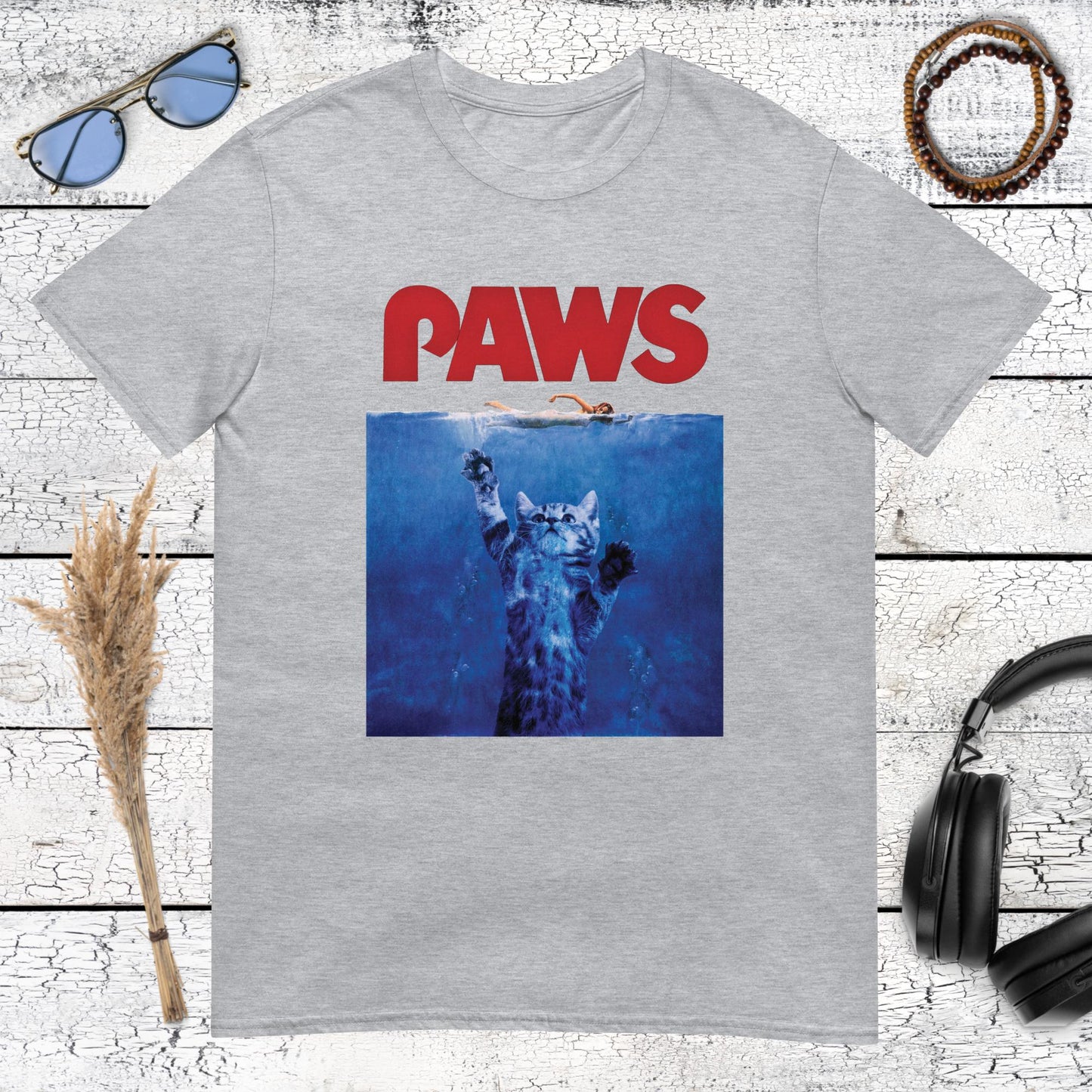 Vintage-style PAWS parody artwork on a sport grey t-shirt