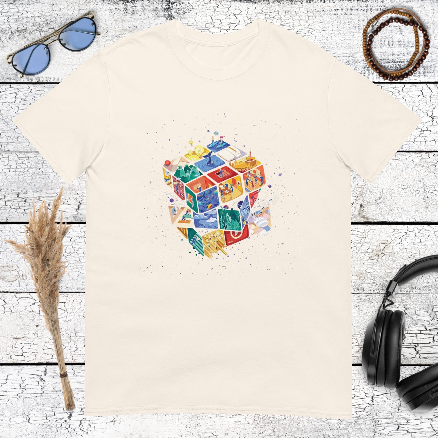 Retro style cosmic Rubik's cube art with star fields and nebulae on a natural t-shirt