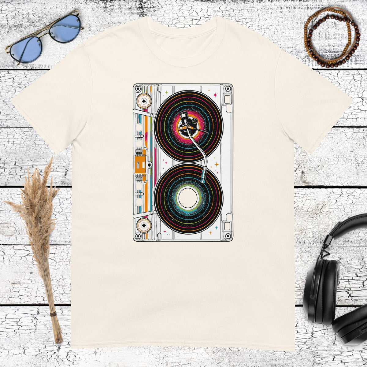 Retro stereo speaker illustration printed on a natural cotton t-shirt