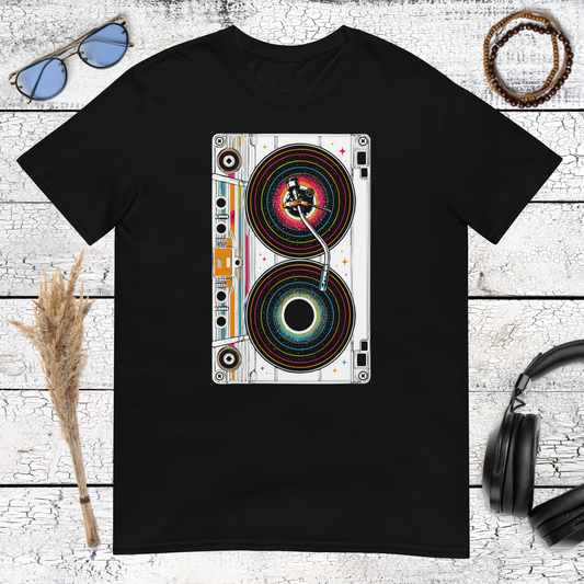 Retro stereo speaker graphic with colourful details printed on a black t-shirt