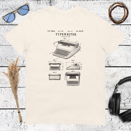 Vintage typewriter illustration printed on a natural cotton t-shirt