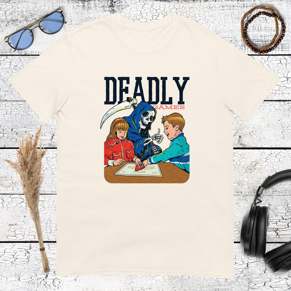 Nostalgic 80s style gaming graphic with a dark humor twist printed on a natural cotton t-shirt