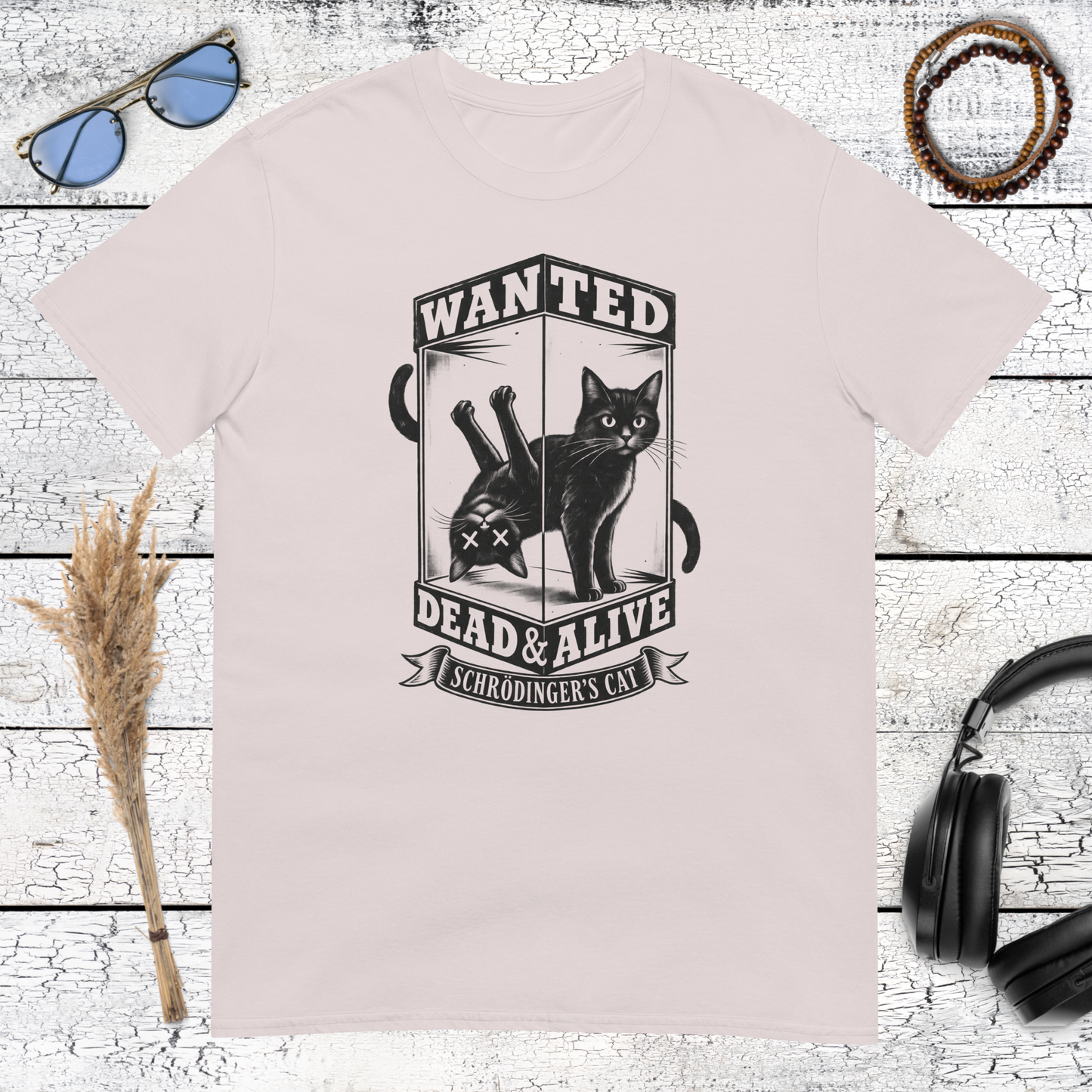 Retro wanted cat poster graphic printed on an ice grey t-shirt