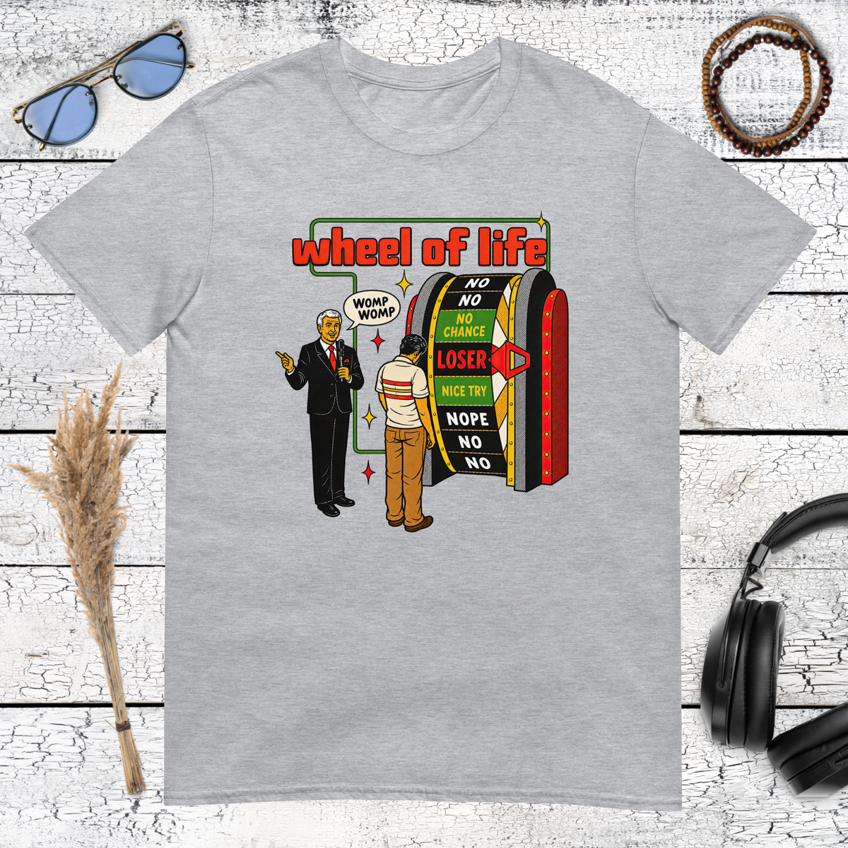 Retro Wheel of Life illustration printed on a sport grey t-shirt