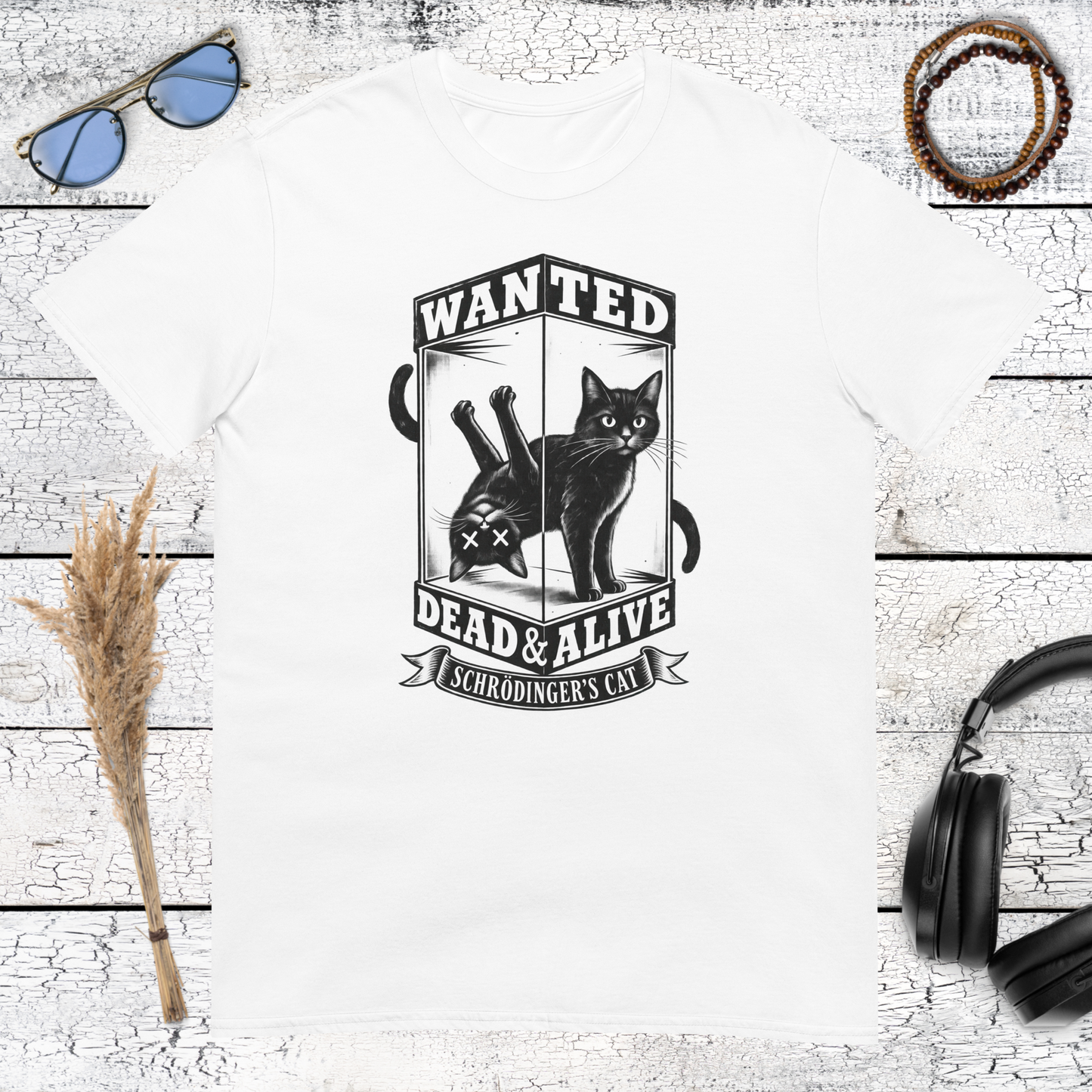 Funny cat wanted poster artwork with vintage lettering on a white t-shirt
