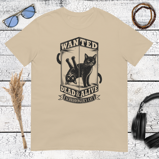 Funny wanted cat poster graphic with western details printed on a sand t-shirt