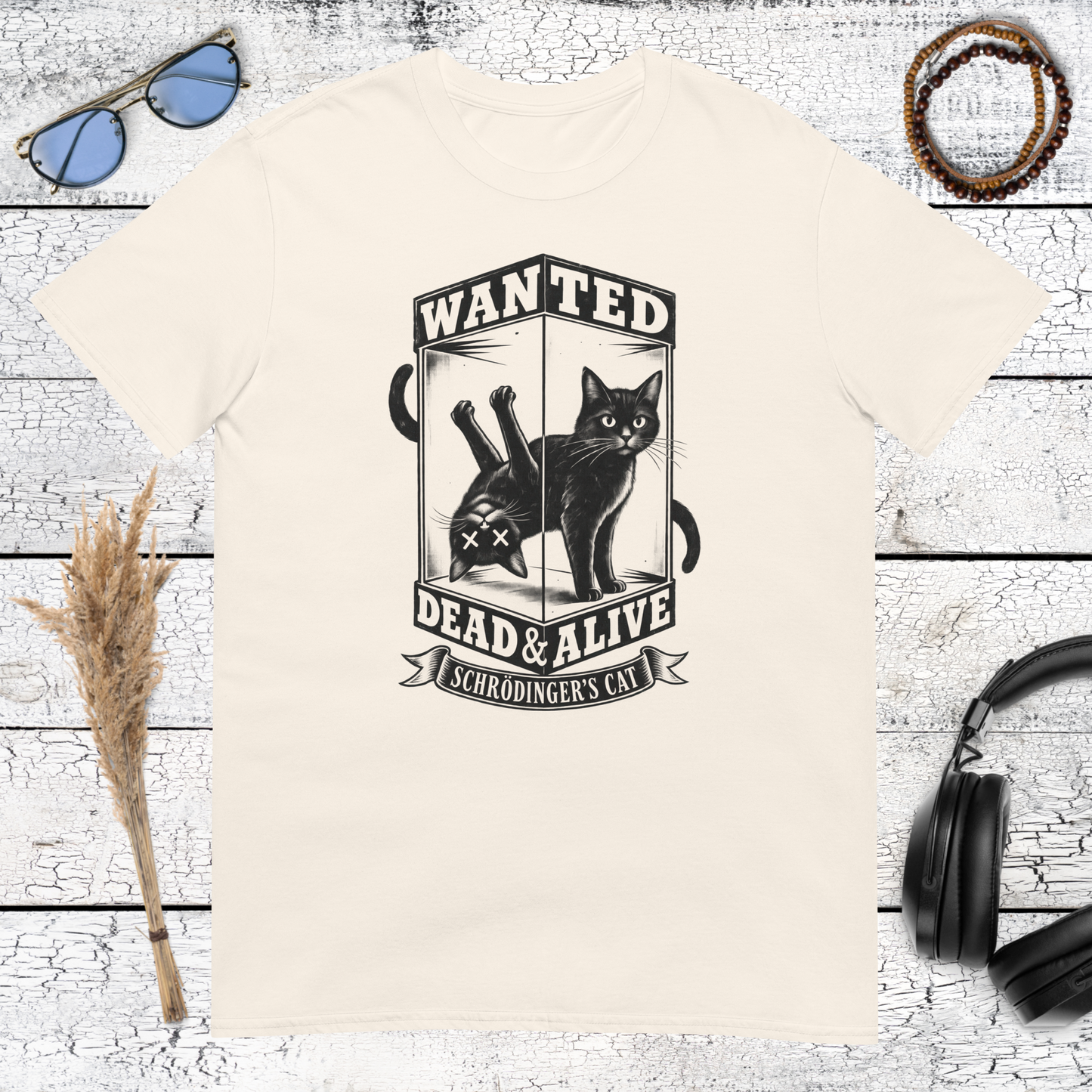 Vintage wanted poster featuring a cat graphic printed on a natural cotton t-shirt
