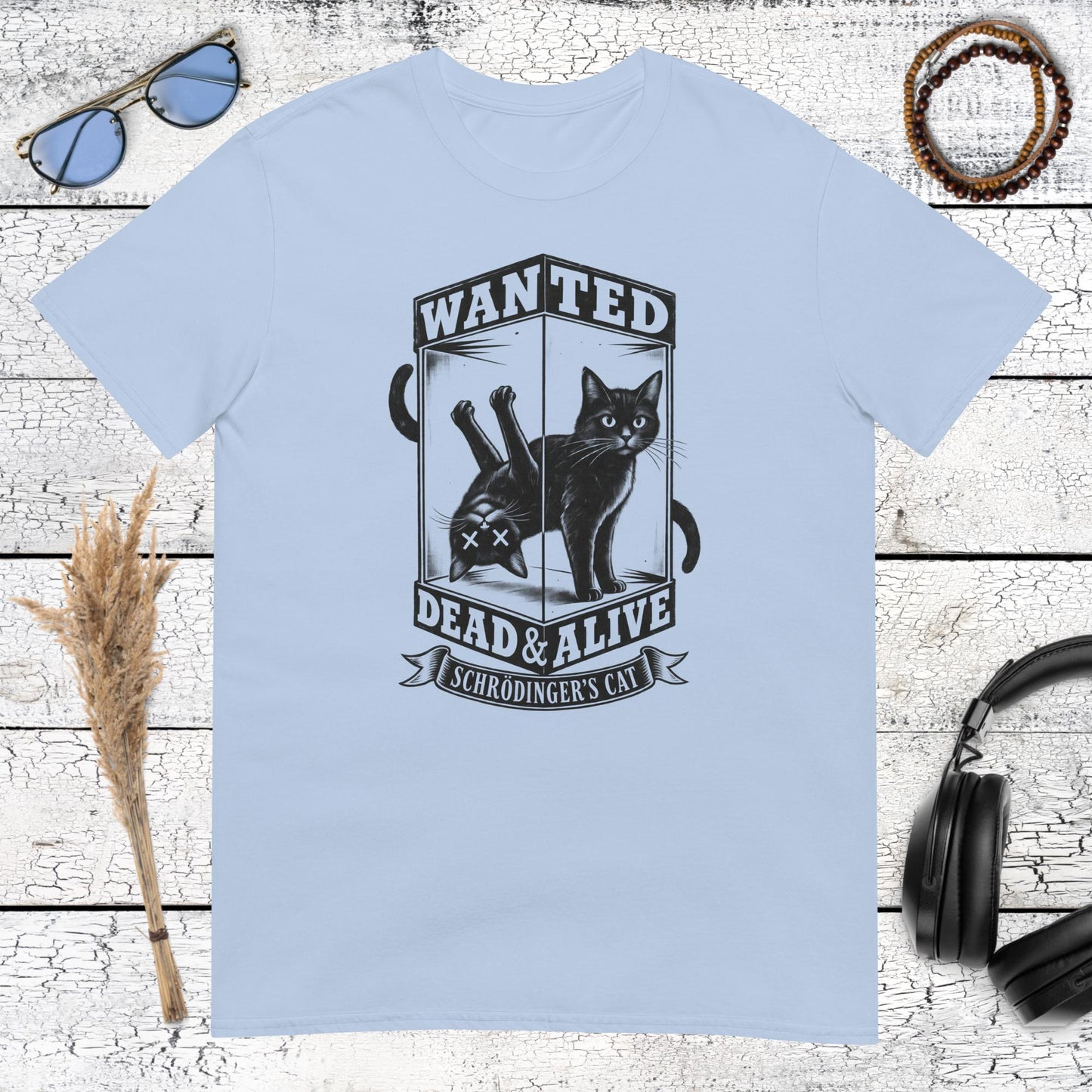 Vintage western wanted cat graphic printed on a light blue t-shirt
