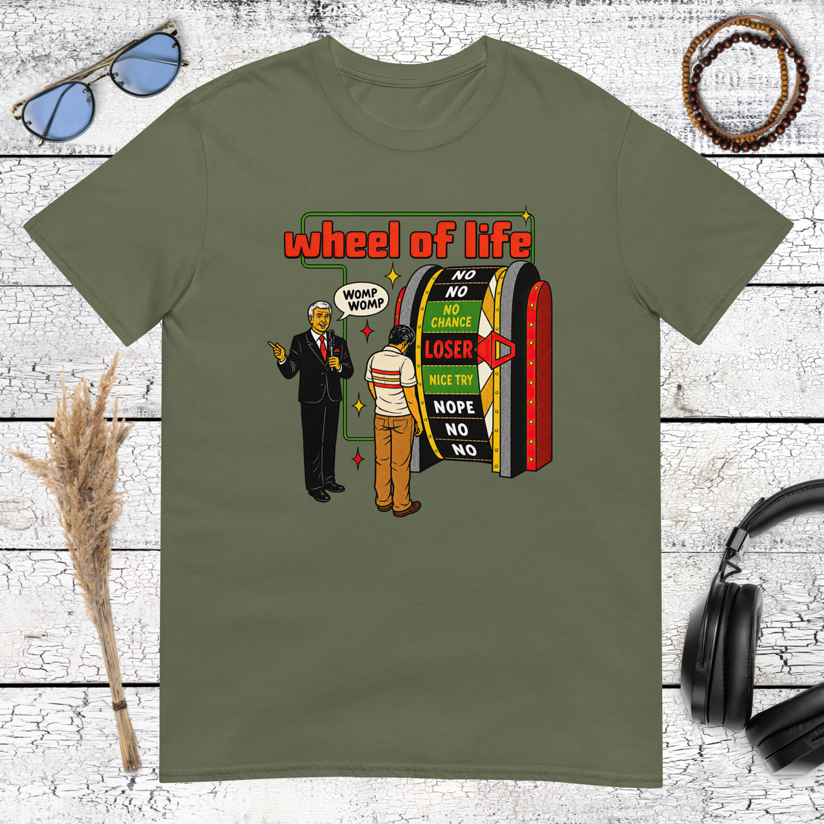 Colourful Wheel of Life illustration printed on a military green t-shirt