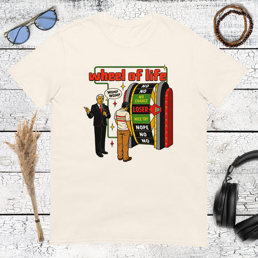 Detailed colourful Wheel of Life graphic printed on a natural cotton t-shirt