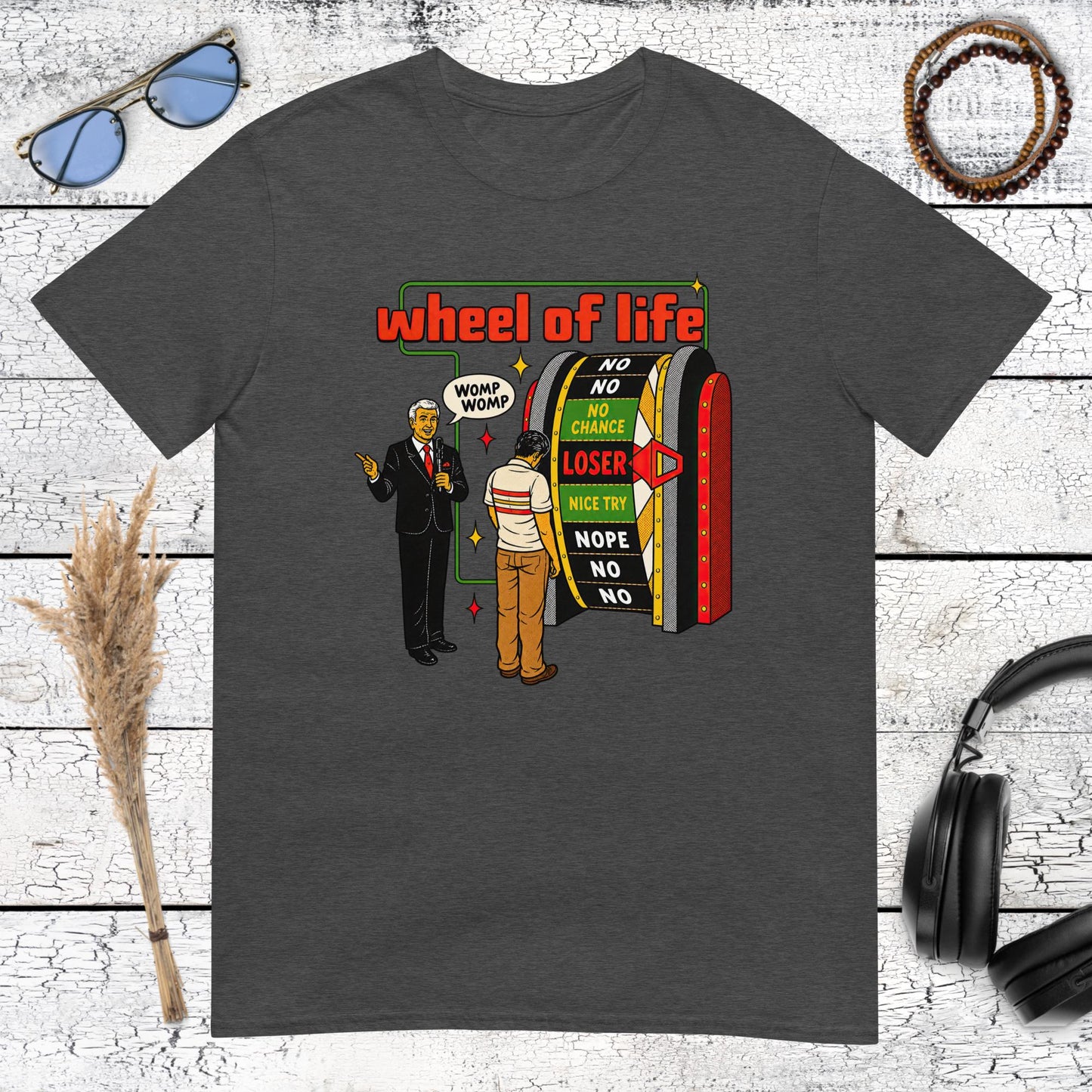 Detailed Wheel of Life artwork printed on a dark heather grey t-shirt