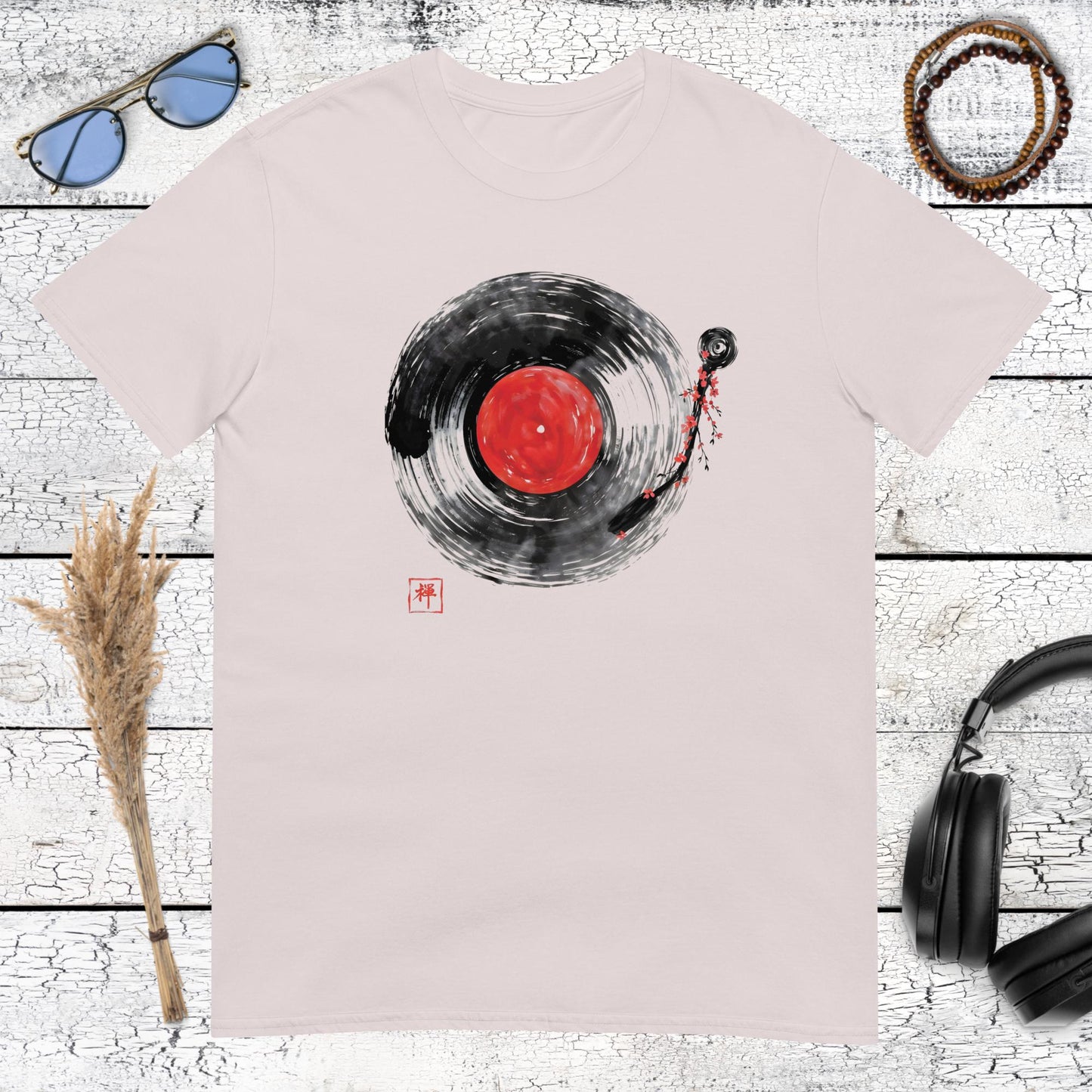 Sumi-e style brush stroke vinyl record art on a light ice grey t-shirt