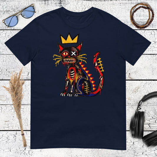 Expressive zombie cat graphic with graffiti details printed on a navy blue tshirt