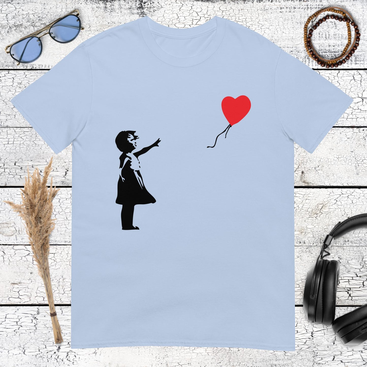 Light blue cotton t-shirt with Banksy inspired heart balloon girl art
