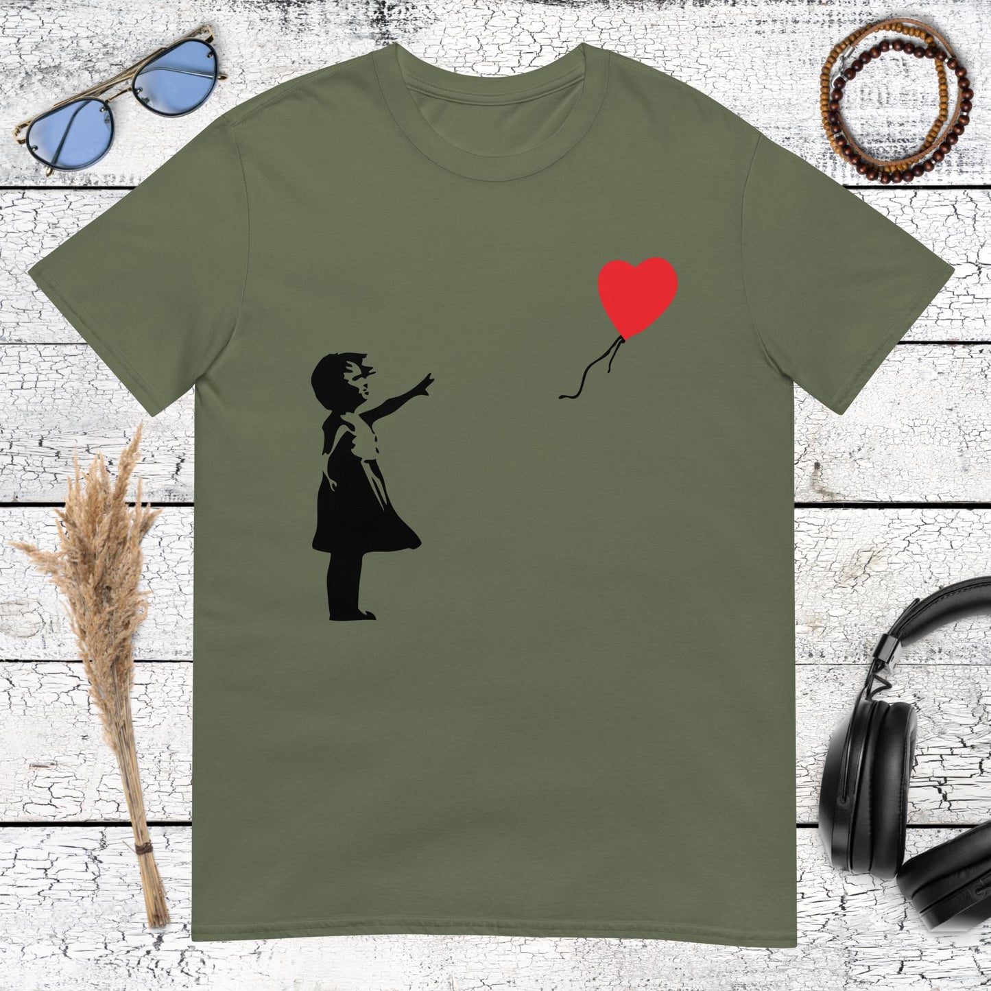 Military green t-shirt with Banksy style urban graffiti art design