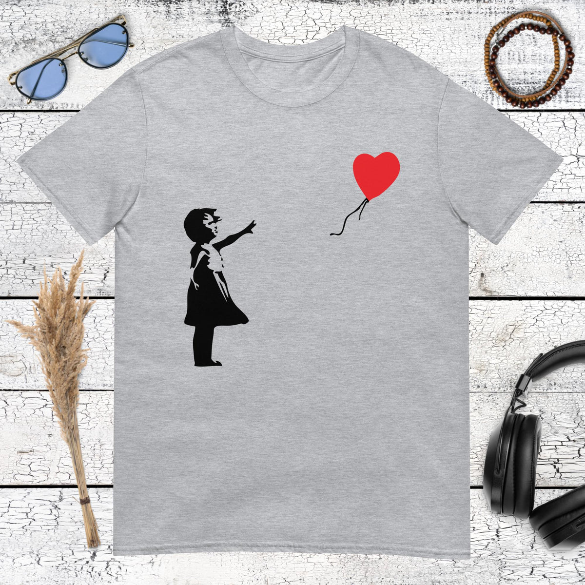 Heather grey t-shirt featuring Banksy inspired Girl with Balloon street art